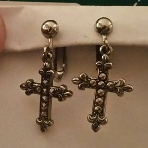 Vintage Silver Cross Clip On Earrings